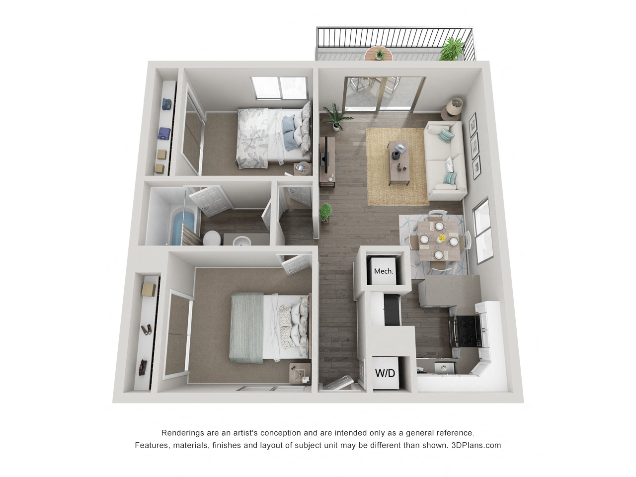 Floor plan for 2 beds, 1 bath, 733 sqft